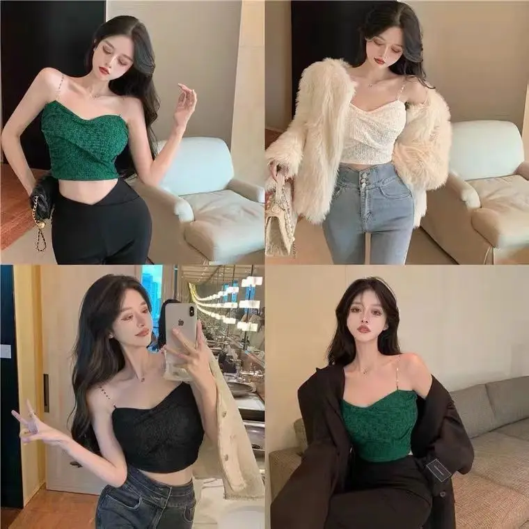 Sexy Streetwear 90s Crop Top Women Korean Fashion Tube Tops Sleeveless With Strape Tank Top Camis Chain T Shirt
