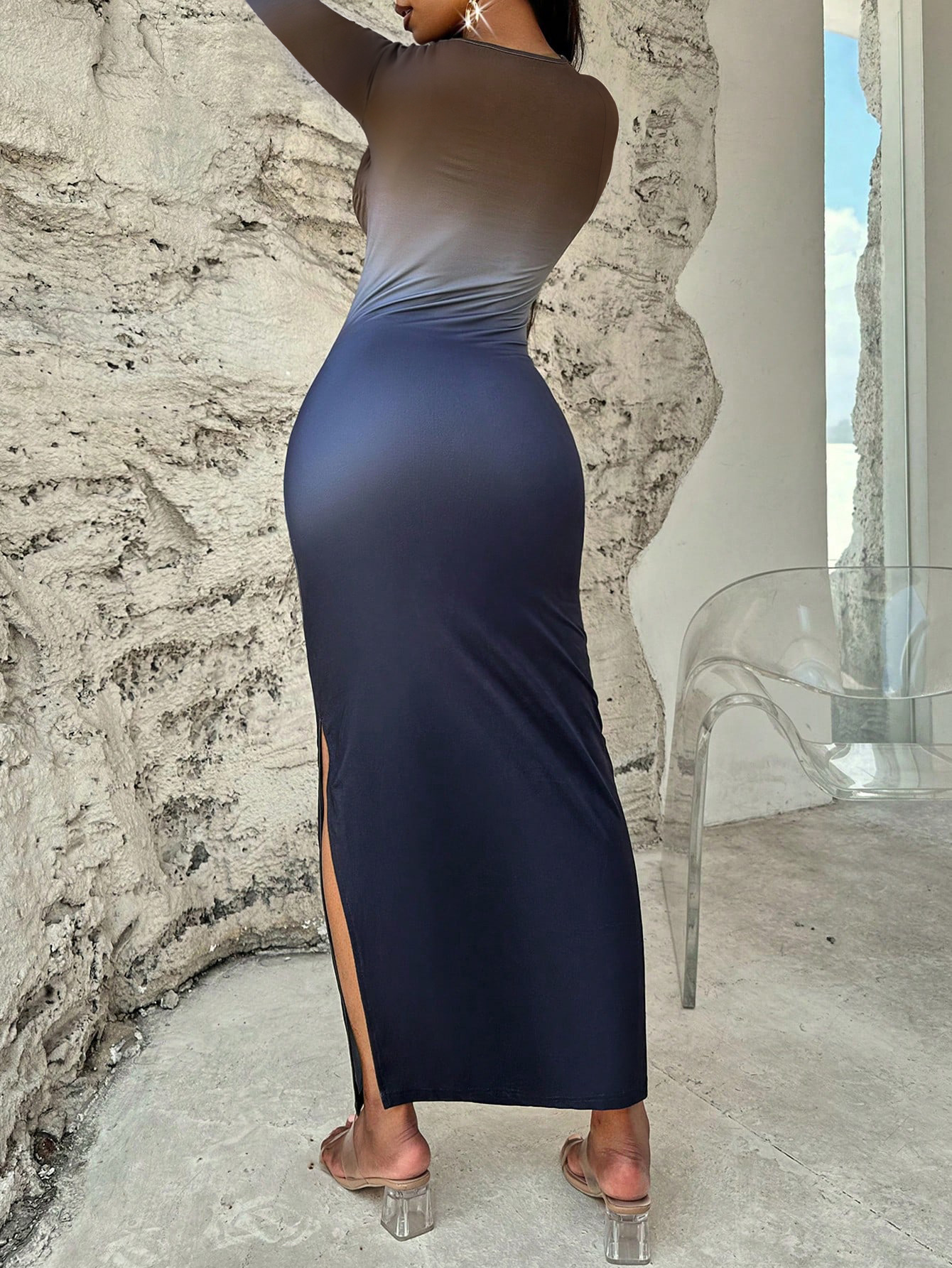 Spring Summer Sexy Slim Fit Contrast Colors Blooming Mid Length Sheath Long Sleeve Dress Women