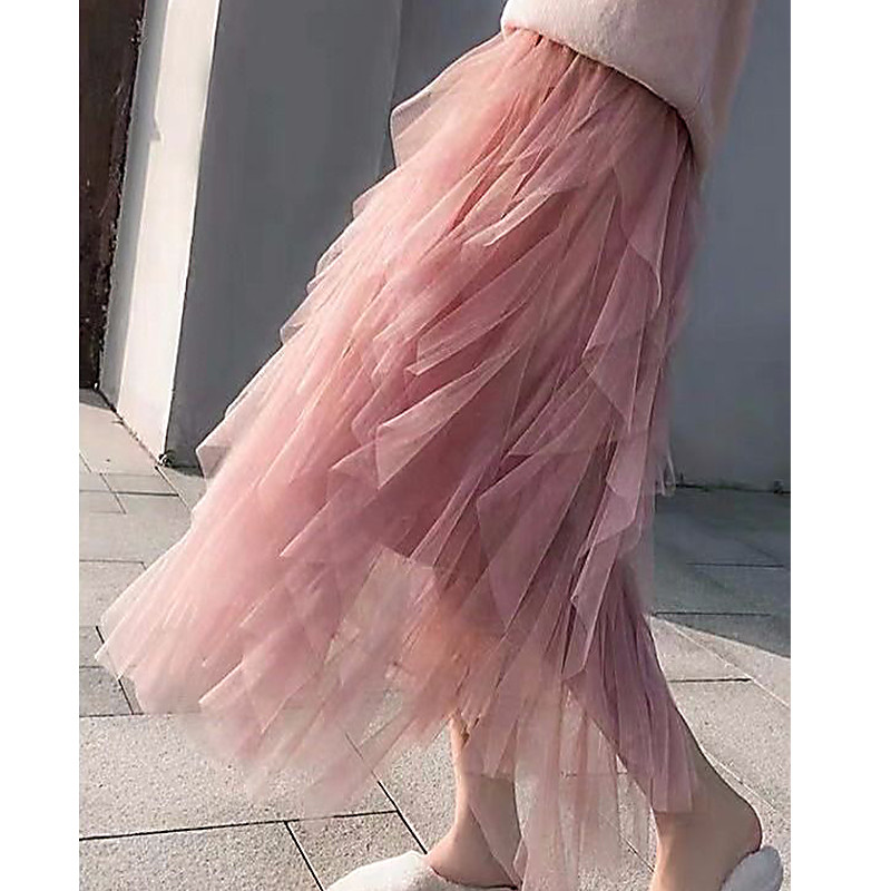 Autumn Winter Vintage Layered Tulle Skirt Women Elastic High Waist Mesh Skirts Long Pleated Tutu Skirt Jupe Longue