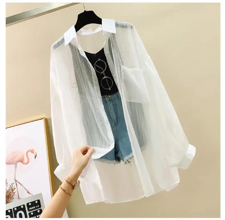 Women Elegant Long Sleeve Perspective Sheer Sunscreen Chiffon Blouse Korean Fashion Loose Shirt Women Summer Beach Cardigans