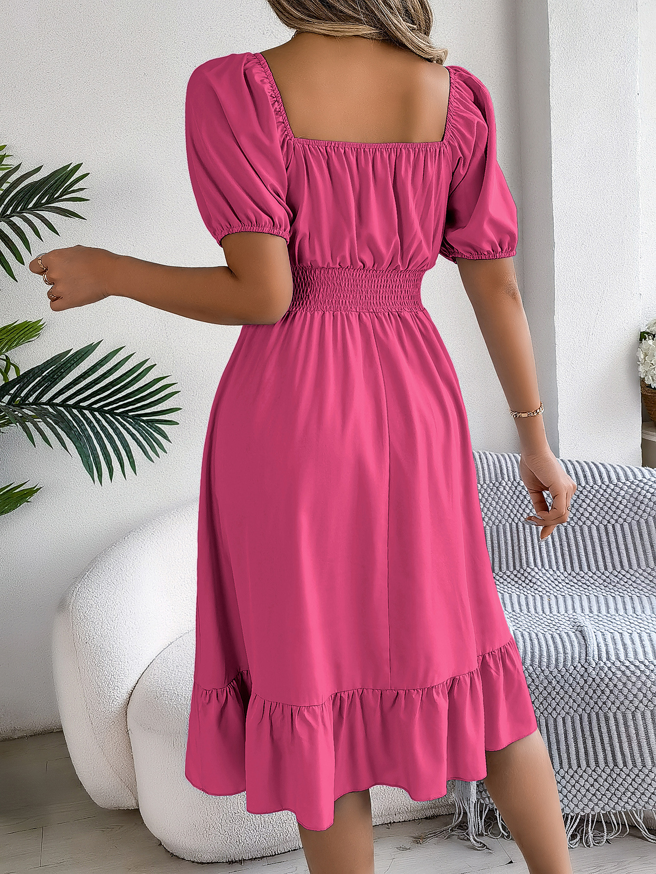 Spring Summer Casual Square Collar Short Sleeve Waist Trimming Ruffles A line Dress Women Clothing