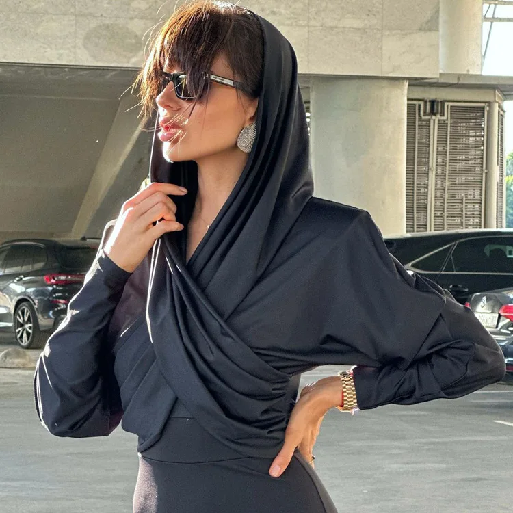 Fashion Satin Hoodie Y2k Top For Women Long Sleeve Bandage Patchwork Solid Sexy Vintage Cropped Top Ladies Crop top Tee