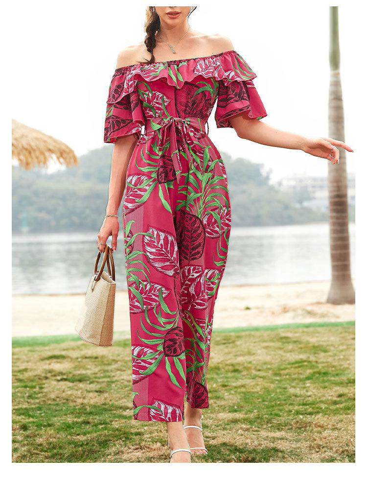 Women Clothing Fashion off-Shoulder Floral Jumpsuit Summer Short Sleeve Chiffon Vacation Beach Jumpsuit