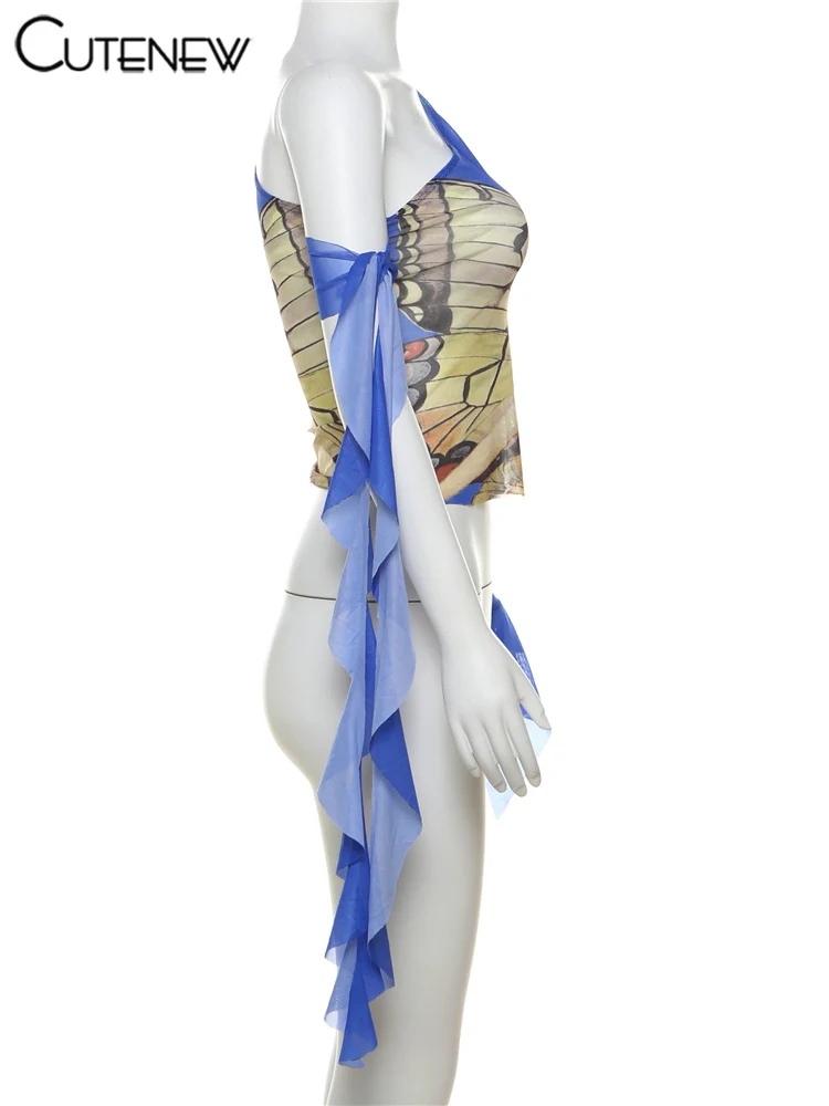 Mesh Women Tops Butterfly Printed Fashion Incline Shoulder Ribbons Sheer Thin Fitness T-shirts Female Summer Street Tees