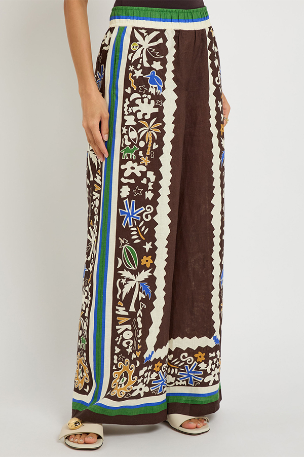 Antibes Satin Court Unique Printed Long Sleeve Loose Shirt and Elastic Waist Pants Set