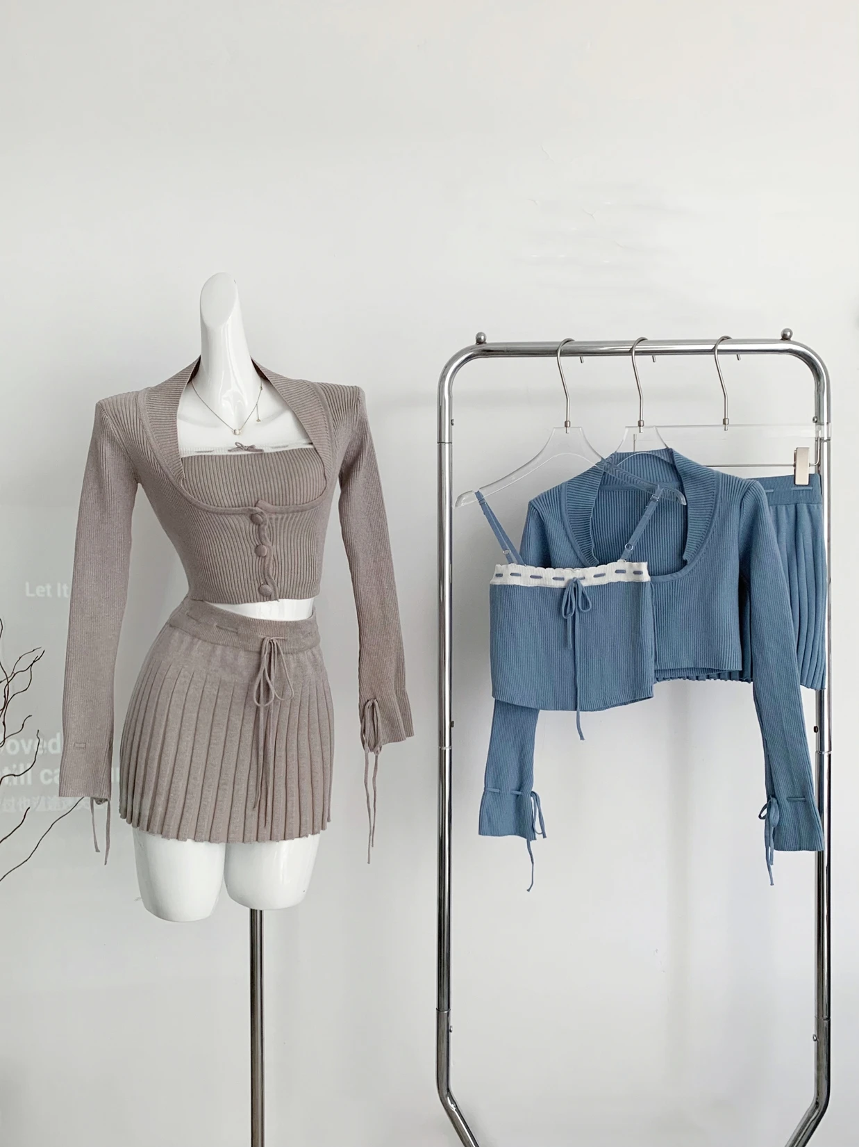 Solid Knitted Suit 3 Piece Set Woman Y2k Cropped Patchwork Vest + Slim Cardigan + Mini Pleated Skirt Autumn Korean Chic Outfits
