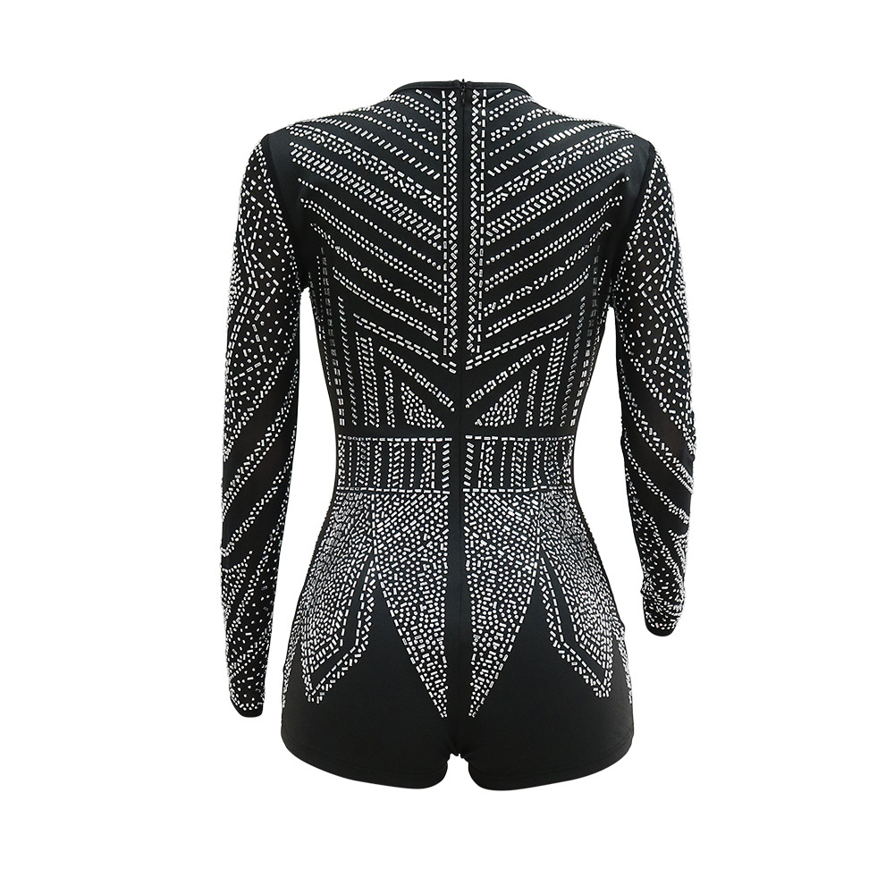 Sexy Deep V Plunge-neck See-through Polyester Mesh Long Sleeve Stitching Straight Slim Fit Bodysuit Women Clothing