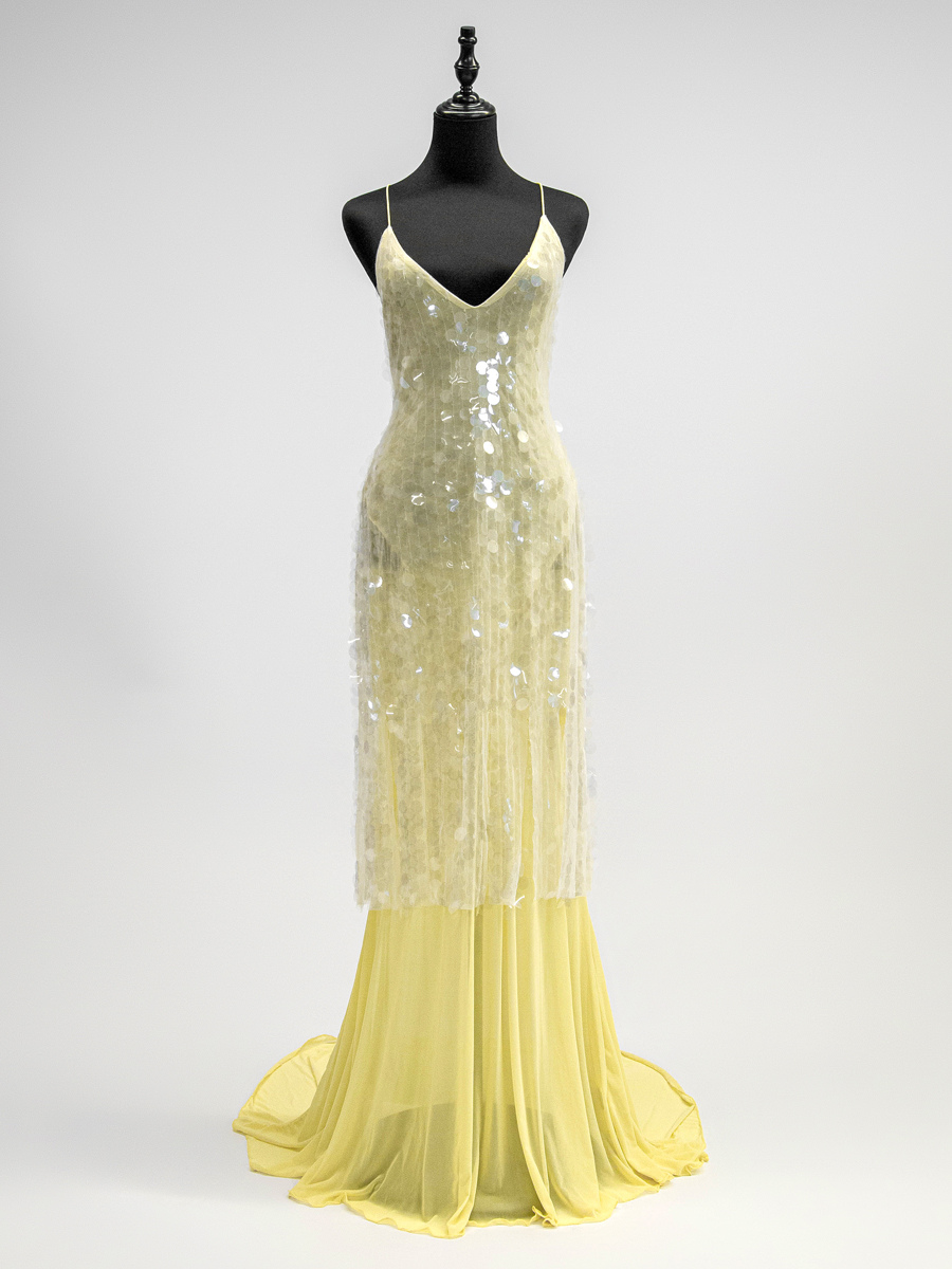 Sequin Sheer Maxi Slip Dress for Women - Butter Yellow Boho Backless V Neck Mermaid Cut Evening Gown - Summer Beach 2026