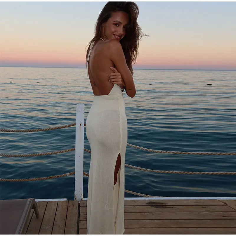 Women Knit Halter Maxi Dress Backless Lace Up V Neck Cutout Bodycon Long Dresses 2025 Summer Vacation Party Holiday Robes New