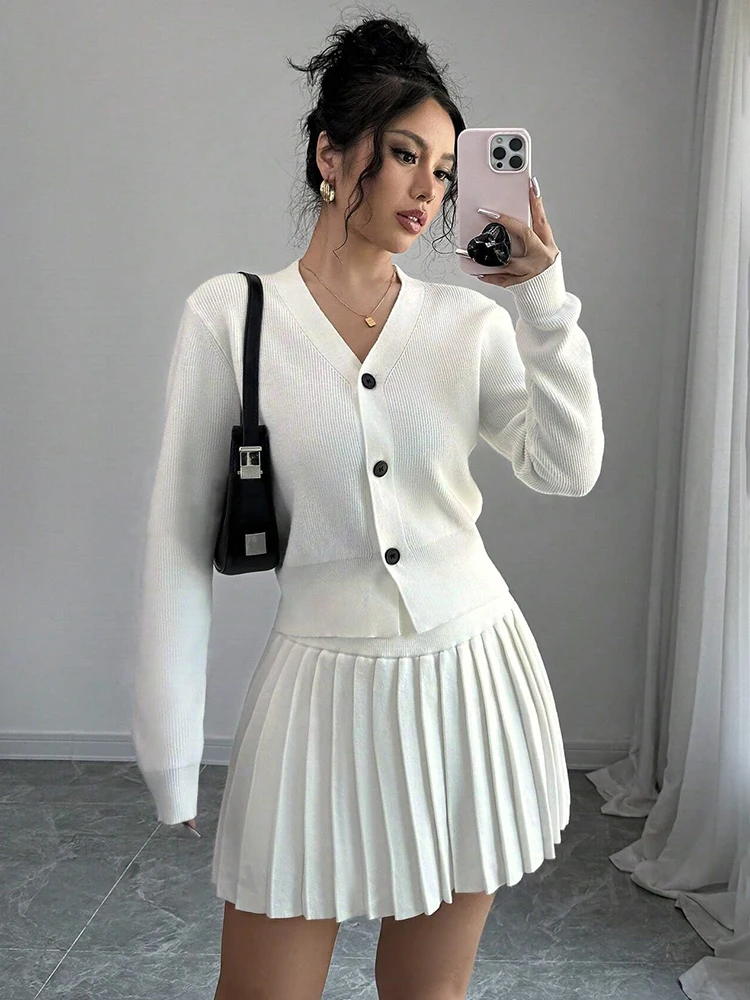 Retro Knitted Long Sleeve Sweater High-Waisted Pleated Skirt Two Piece Set For Women Niche Solid Matching Sets Autumn New