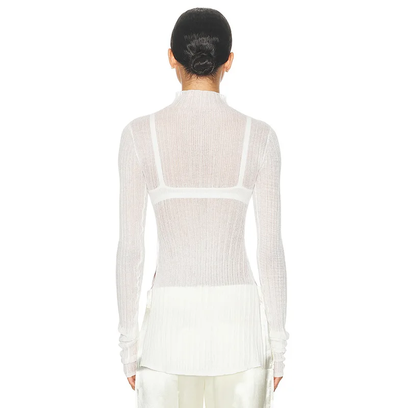 White Knitwear See-Through T-shirt Pullover Female Hollow Out Slim Loose Long Sleeve Casual Tee Women Patchwork Top Tee