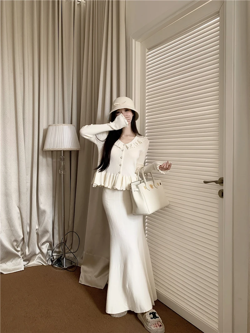 Autumn Winter Knitted 2-Piece Sets Women Ruffles Tops Bodycon Fishtail Skirt Slim Solid Knitwear Outfits Korean Fashion Suit
