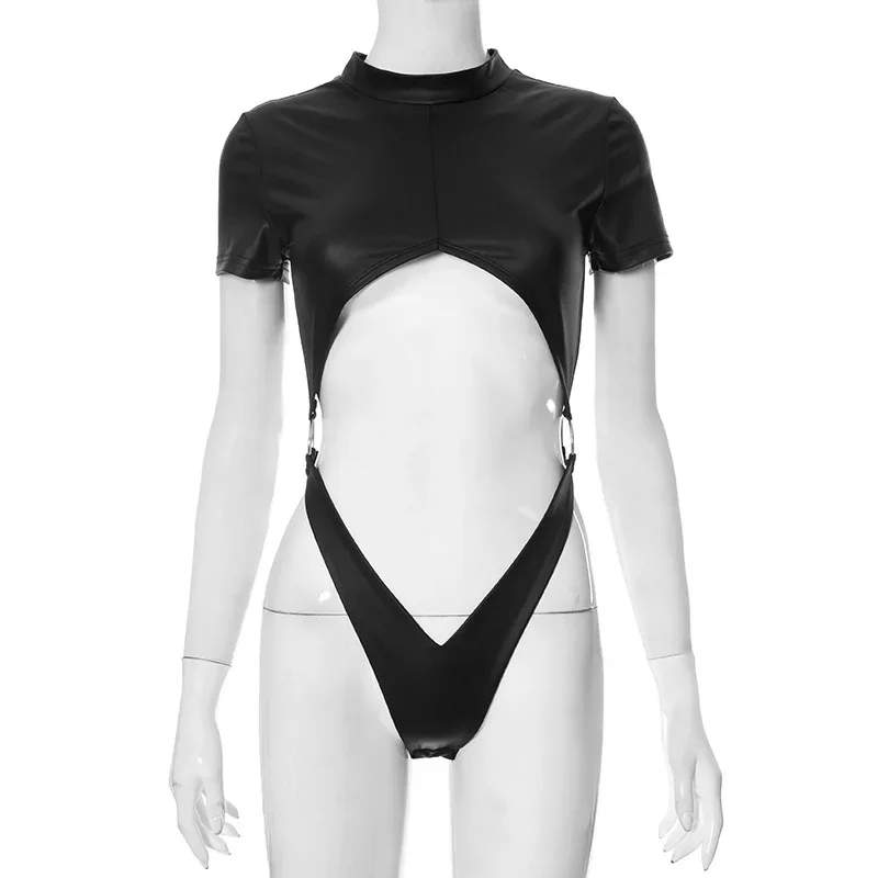 PU Sexy Bodysuit Lingerie Black Top Women Rave Outfit Short Sleeve Body Feminino Hollow Out One-Pieces Lenceria Bodys Sexy Mujer