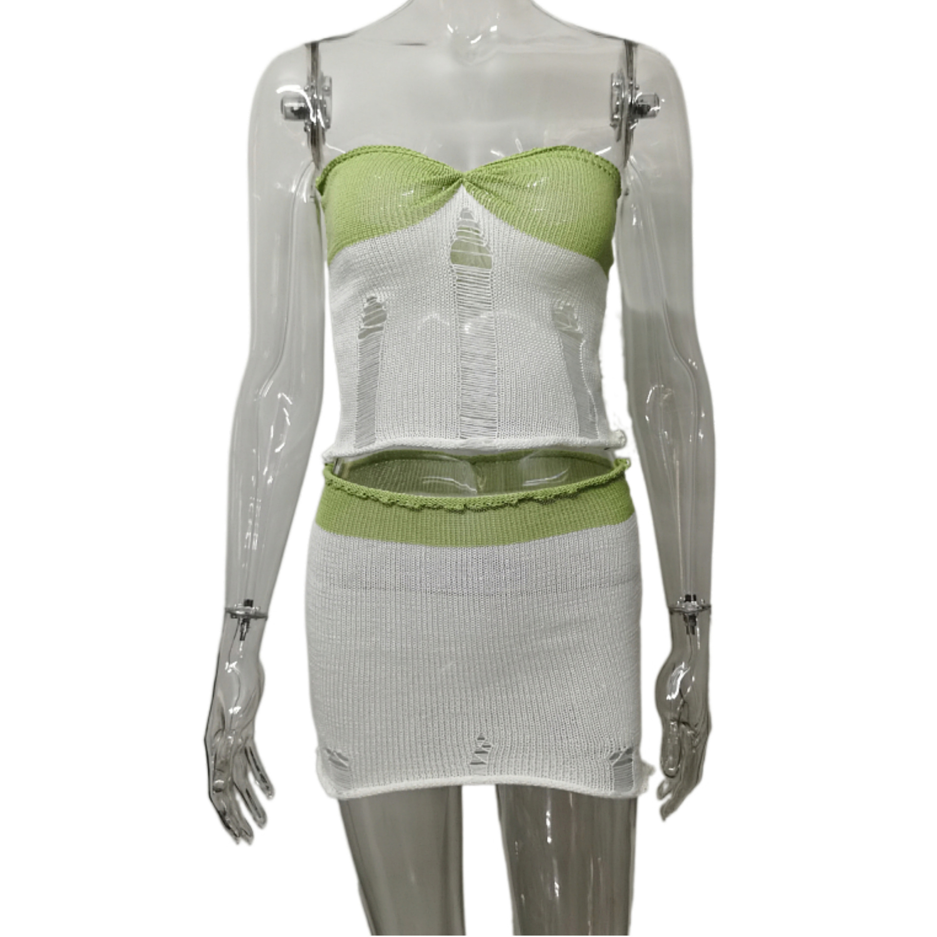 Summer Casual Sexy Sleeveless Hollow Out Cutout Knitted Wrapped Chest Contrast Color Skirt Knitting Suit Women