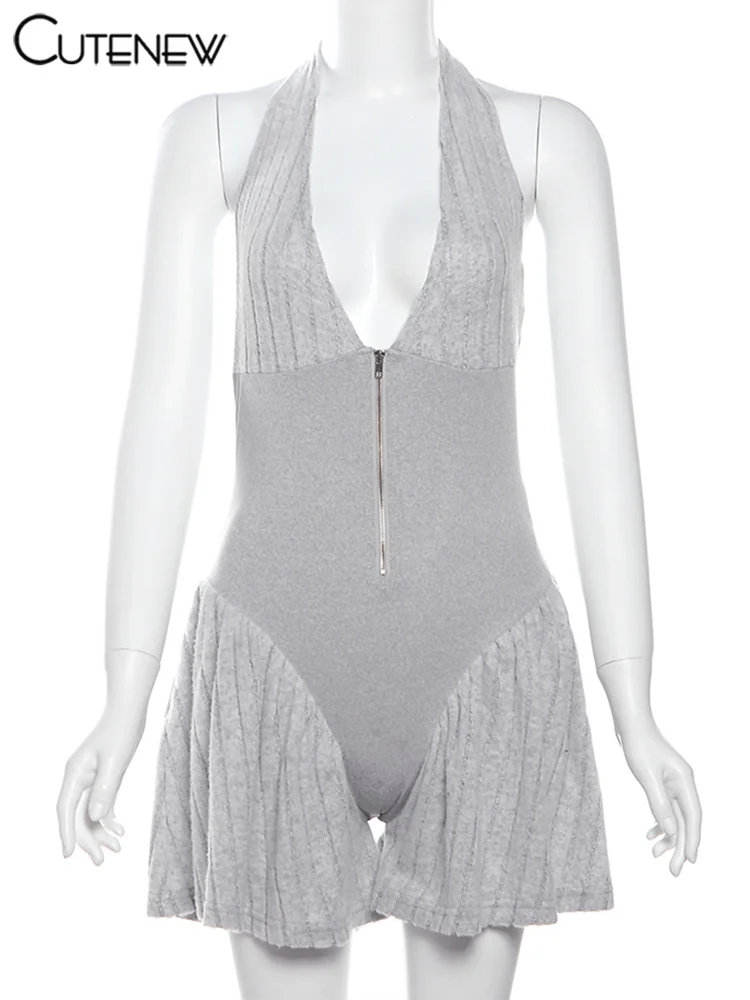 Patchwork Halter Playsuits Women Casual Striped Sleeveless V-neck Zip-up Cleavage Slim Rompers Female Concise Summer Wea