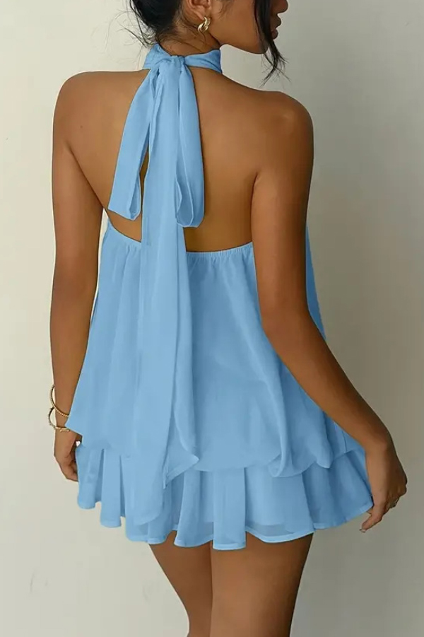 Fashionable Chiffon Halter Neck Backless Lace-up Casual Vacation Mini Dress