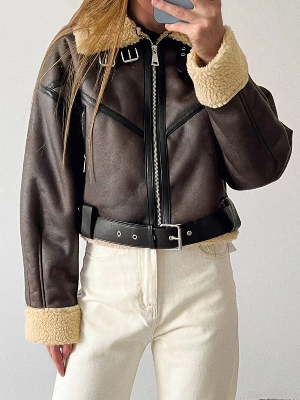 Lambswool Lined Leather Splice Short Jacket