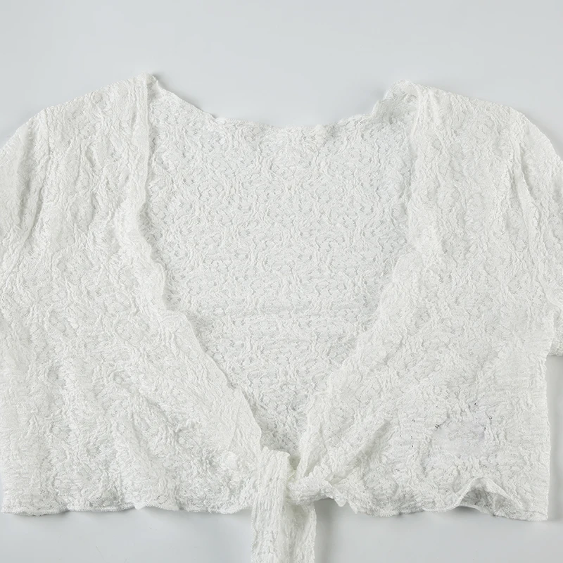 Women Trumpet Sleeves Sunscreen Cardigans Fashion Y2K V Neck Cropped Top Streetwear Knitted White Lace-up Tee Shirt