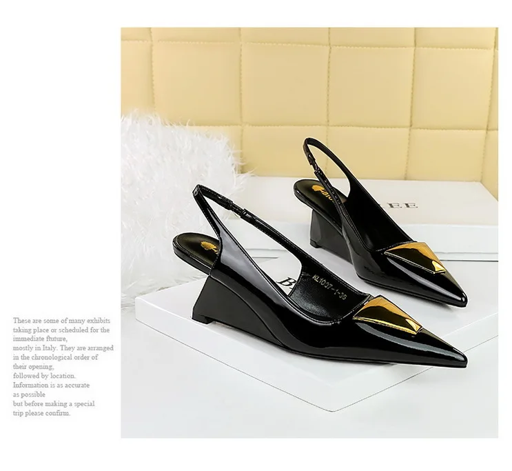 Patent Leather High Heels Wedges Shoes Lady Trendy Pumps Pointed Toe Hollow Back Strap 6.5 Cm Women Sandals White Heels Shoes