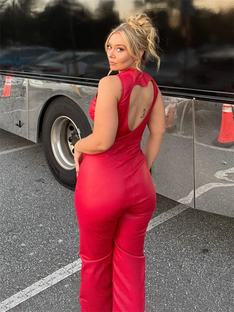 PU Leather Backless Jumpsuit Women 2025 Casual Wide Leg Jumpsuit Overalls For Women Skinny Streetwear Hot Faux Jumpsuit