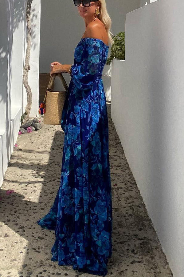 Ladies' One Shoulder Blue Flower Design Sexy Off Shoulder Back Smoke Vacation Long Dress