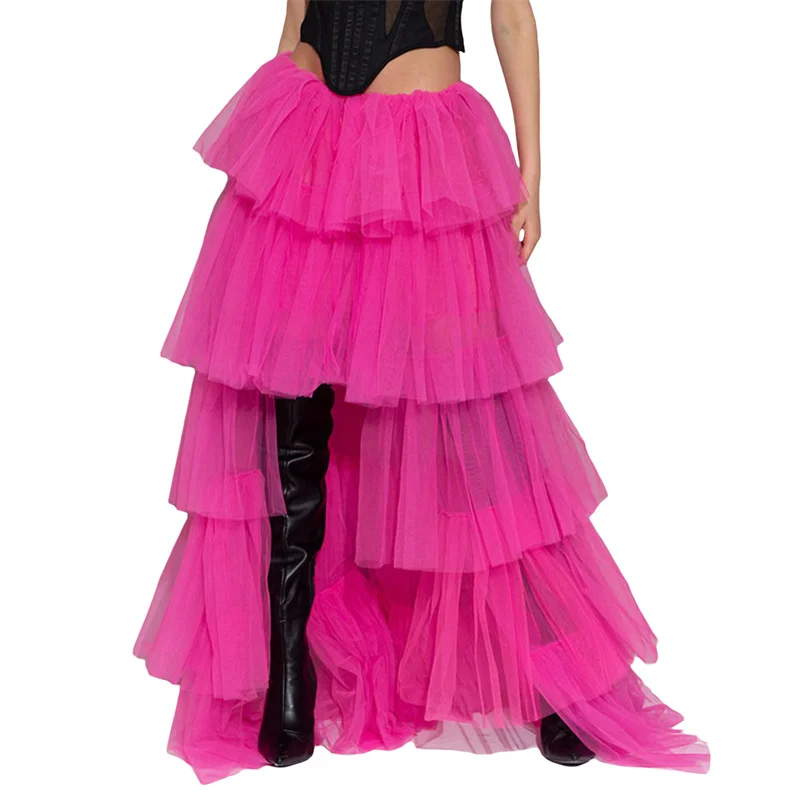 Tulle Skirts Women y2k Solid Color Elastic High Waist Asymmetrical Hem Long Skirts Summer Evening Party Skirt Clubwear