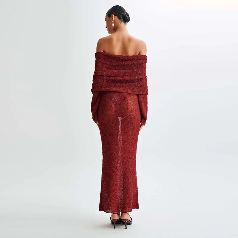 Beach Knitted Off The Shoulder Long Dress Women Slim Flare Sleeve Hollow Out Maxi Dresses 2025 Summer Lady Hip Package Robes