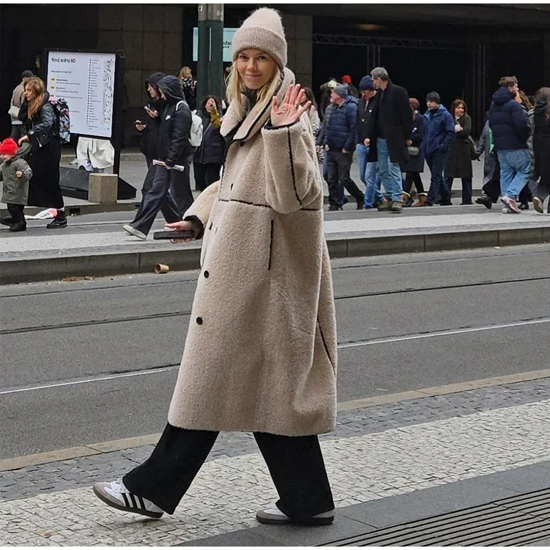 Fashion Beige Faux Fur Long Coat Women Winter Buttons Lapel Long Sleeve Lamb Fleece Jacket 2025 New Lady Loose Street Outerwear