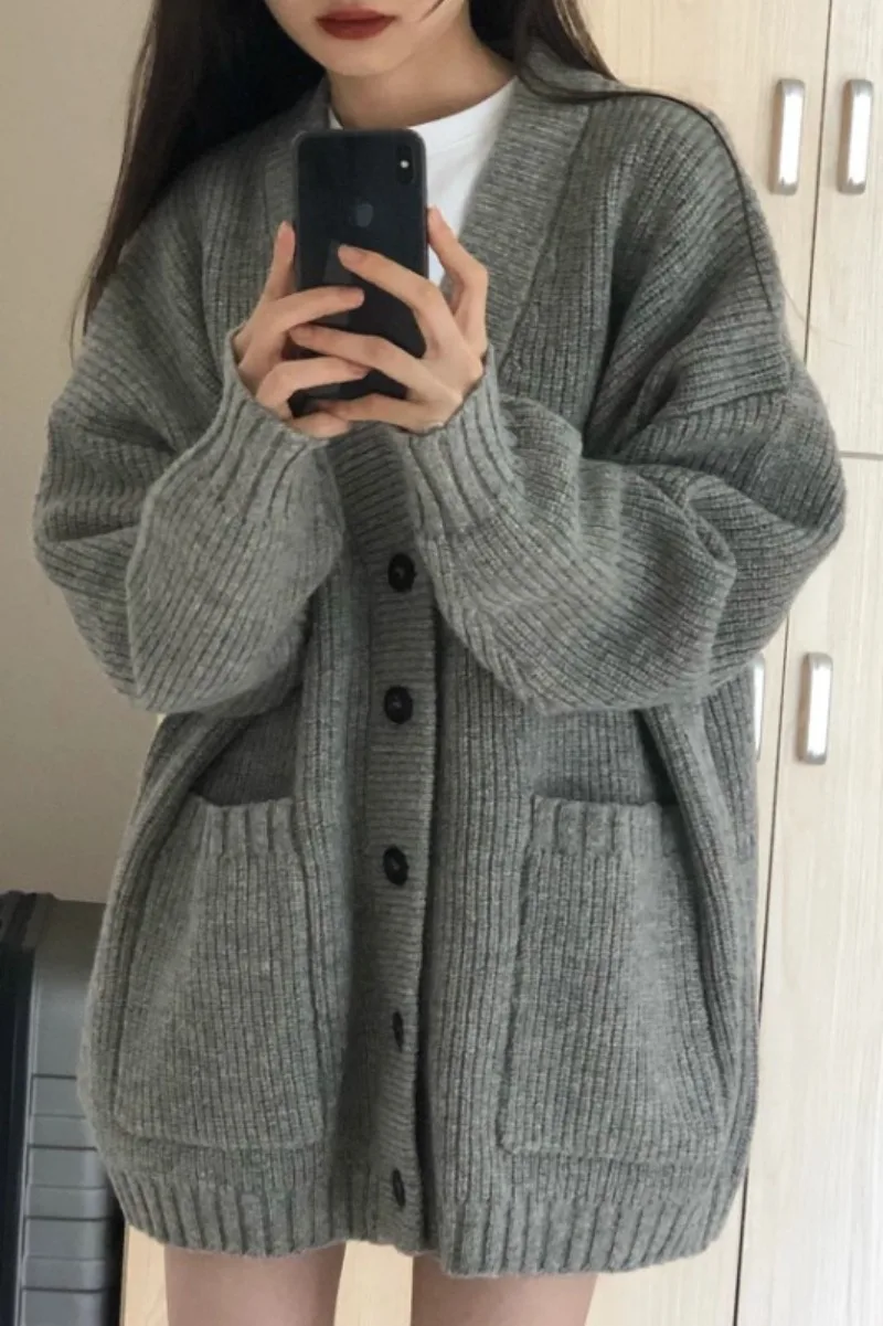 Women Sweater Cardigans Coats Autumn Winter Fashion Female Long Sleeve V-neck Loose Knitted Jackets Casual Cardigan Sweaters
