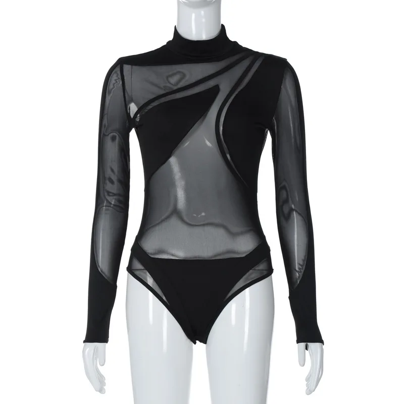 Patchwork Sexy Bodysuit Lingerie See Through Body Feminino Long Sleeve Tops Women One-Pieces Rave Outfit Lenceria Tranparente