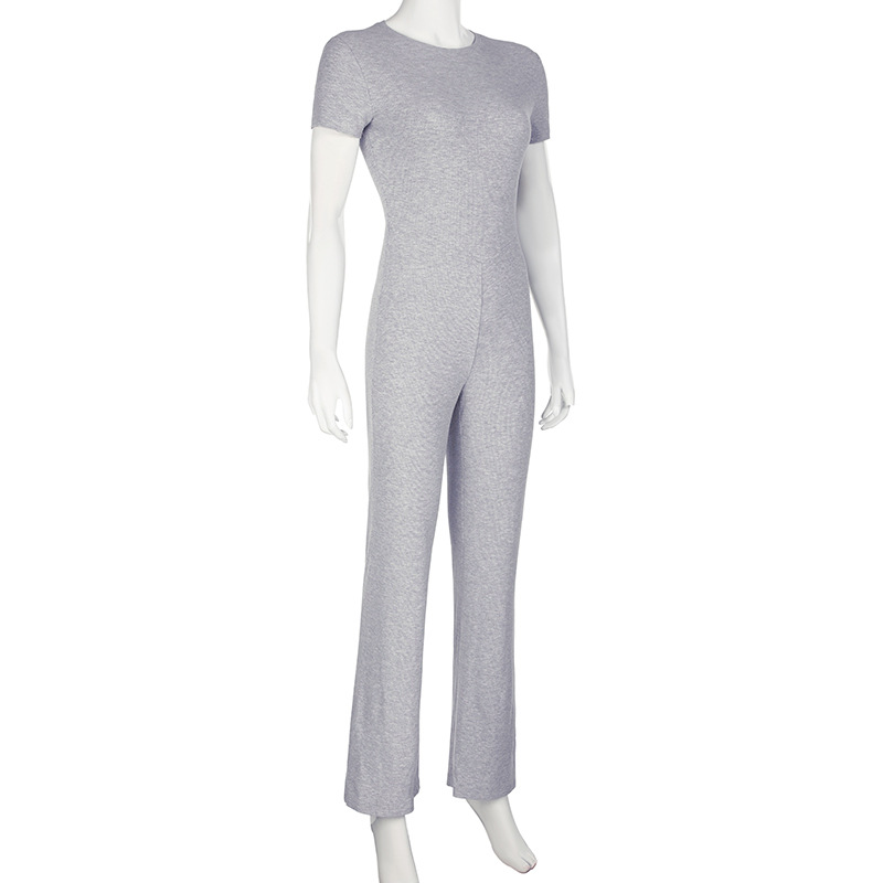 Summer Casual Solid Color Basic Shoulder Short Sleeve One Piece Trousers Sexy Tight Jumpsuit Trousers for Women