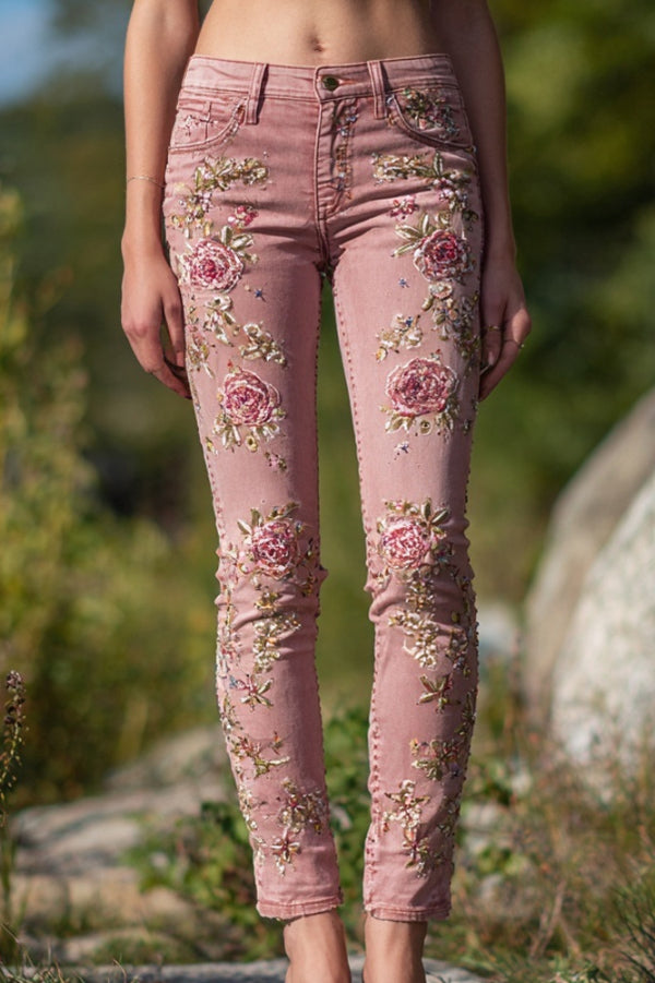 3D Floral Print Pocket Casual Jeans