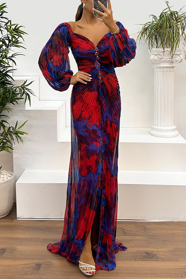Sunset Serenade Printed Off Shoulder Embellished Pleated Slit Maxi Dress