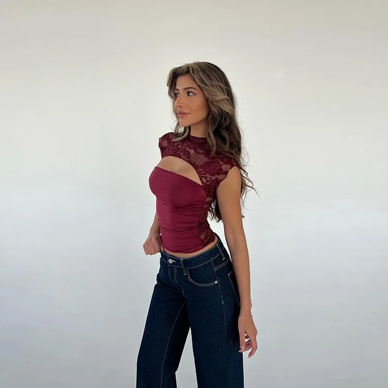 Sexy Hollow Out Printed Y2k Top Pullover For Women See-Through Slim Cropped Patchwork Contrast Streetwear Female Tank Top