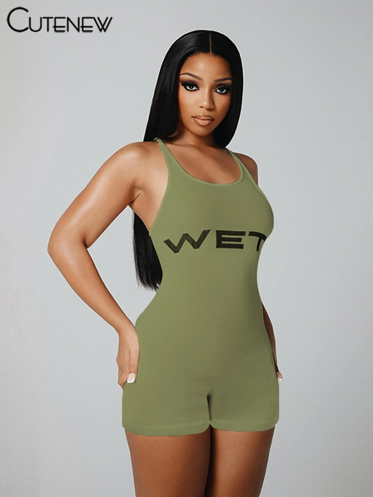 Letter Print Playsuits Women Concise Casual Summer Tank Style O-neck Slim Rompers Female Sporty Style Basic One Piece