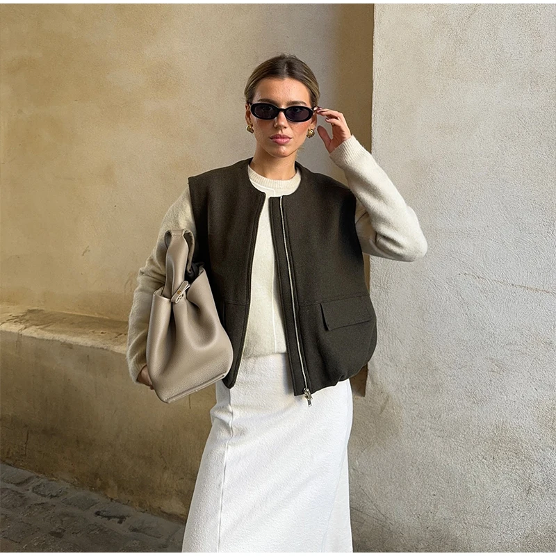 Street Zipper Waistcoat For Women Zipper O-neck Sleeveless Thick Warm Vest Top Female 2025 Spring Lady All-matching Outwear New