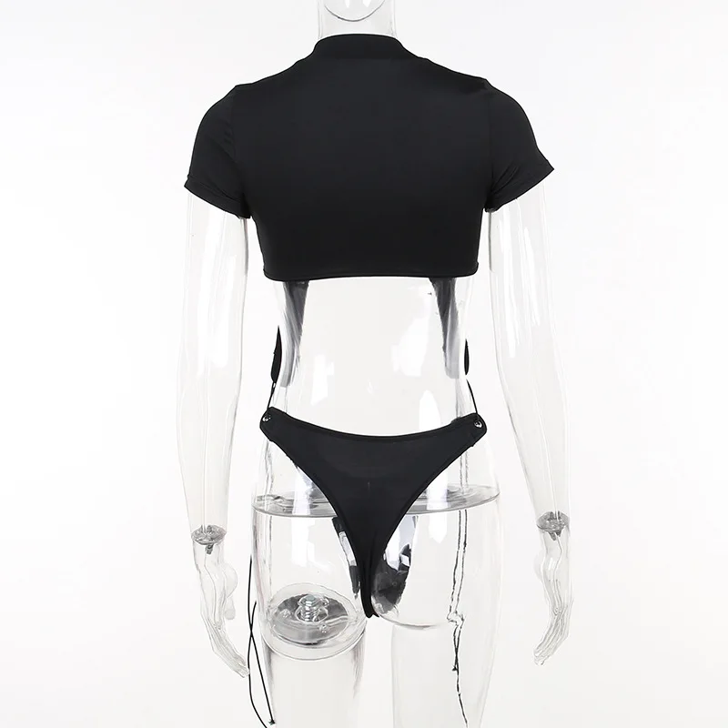 Short Sleeve Bodysuit, Mock Neck Women Y2k Clothes, Hollow Out One-Piece Body Feminino, Lace Up Club Outfits, Sexy Lingerie