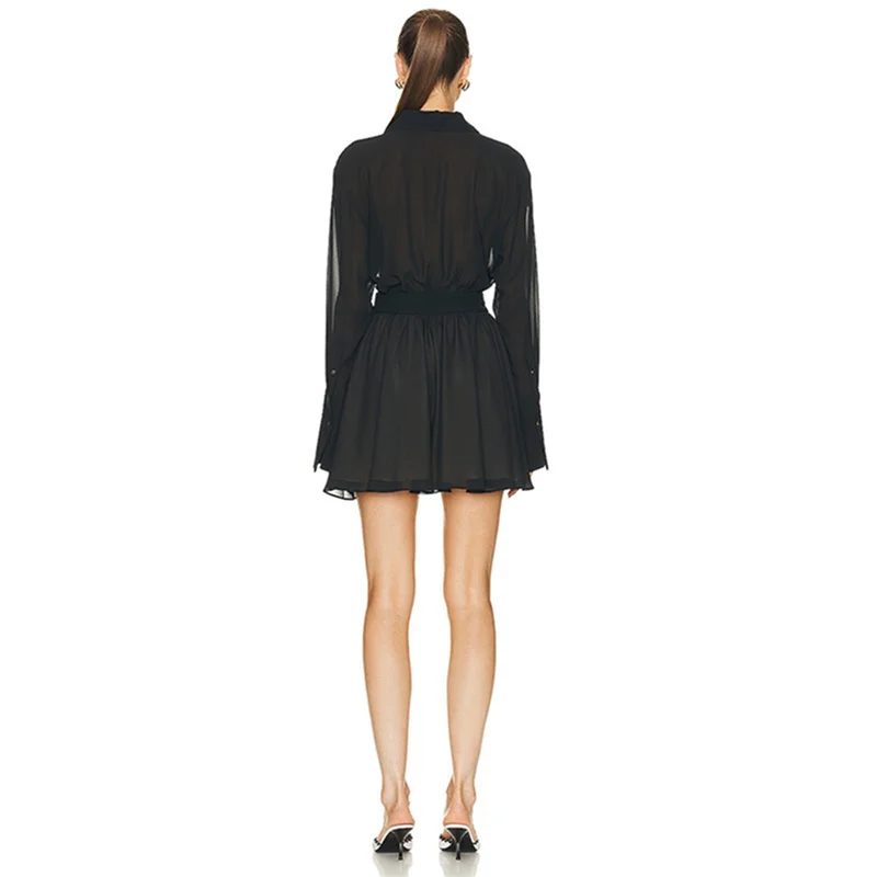 Elegant Dress Women Summer Sexy Long Sleeve Turn-Down Collar A-line Mini Pleated Shirt Dress Evening Party Dresses