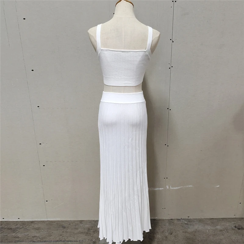 New White Knit Two Piece Women Sets Fall Ribbed Tank Top And Pleated Knitted Skirt Suits For Women Long Dress Sets Summer