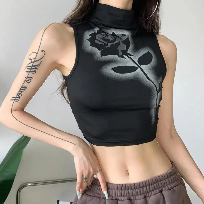 Gothic Rose Print Tank Top Aesthetic Y2K Crop Top Sleeveless Vest Harajuku Streetwear Black Summer Tops Women Slim Clothes