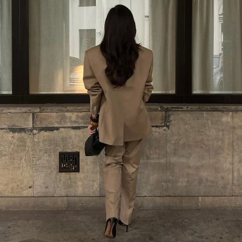 Striped Pant 2 Piece Set Women Double-breasted Full Sleeve Blazer Wide Leg Zipper Long Trousers Female 2025 Lady Commute Outfits