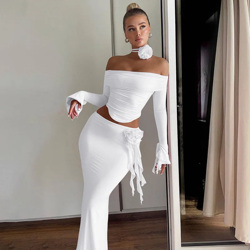 Winter New Sexy Long Sleeved Half Skirt Set For Woman 3D Flower Slim Tight Long Skirt Party Evening Dress Two Piece Set