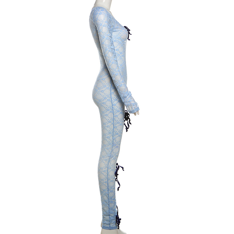 Spring Sexy See through Hollow Out Cutout High Waist Jacquard Tight Long Sleeve Lace Jumpsuit Women
