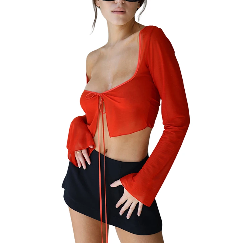 Vintage Aesthetic Crop Top Summer Women Mesh Long Sleeve T Shirt Lace Up Bandage Clothes y2k Clothes Casual Grunge Tees