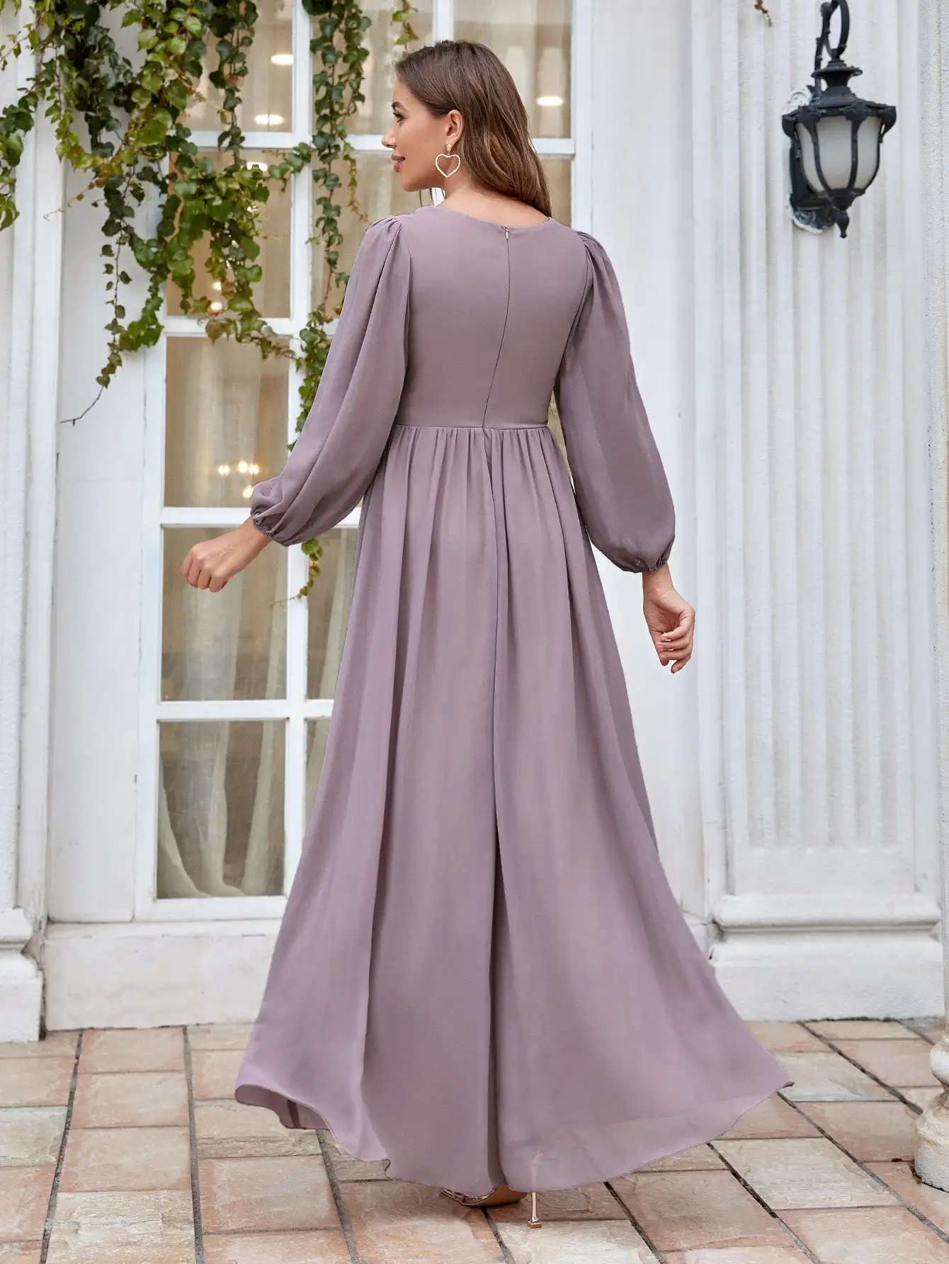 V-neck long sleeve beaded print extra long chiffon Dress Evening gown Ball dress Party dress Bridesmaid dress