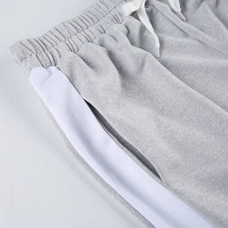 Gray Drawstring Elastic High Waist Casual Sweatpants Women Side Stripe Contrast Patchwork Black Loose Jogging Track Pants