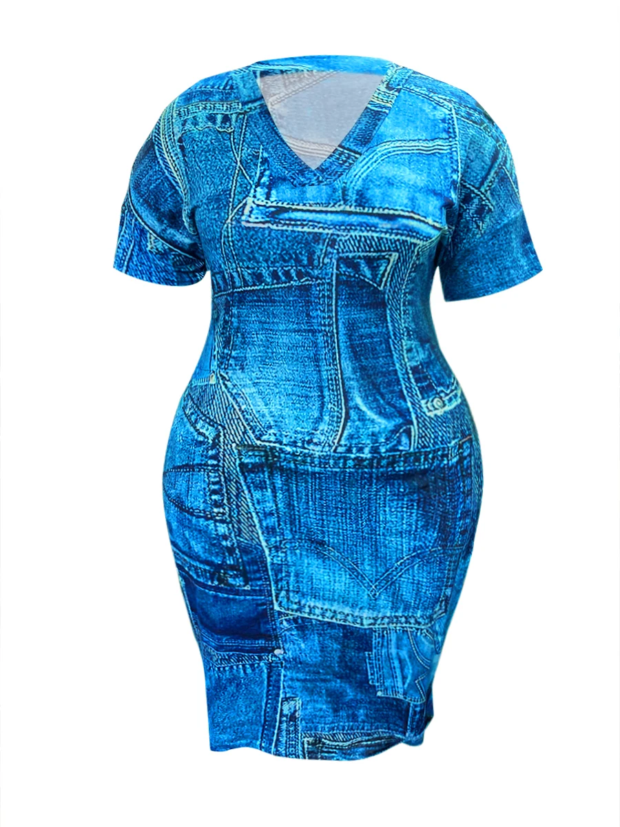 Plus Size Imitation Denim V Neck Pocket Design Dress Women's T-Shirt Summer Loose Dress Vestidos