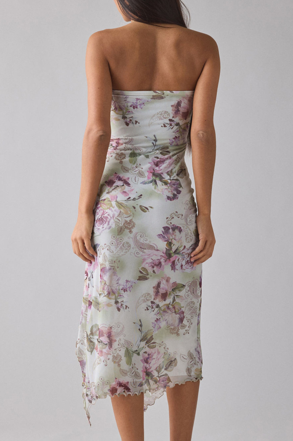 Mesh Tie-dye Slit Strapless Maxi Dress