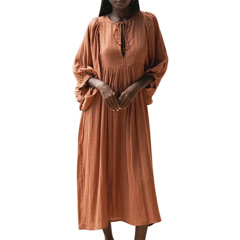 Beach Party Dress Women Summer Solid Color Round Neck Tie Front Puff 3/4 Sleeve Loose Midi Dress Vacation Dresses