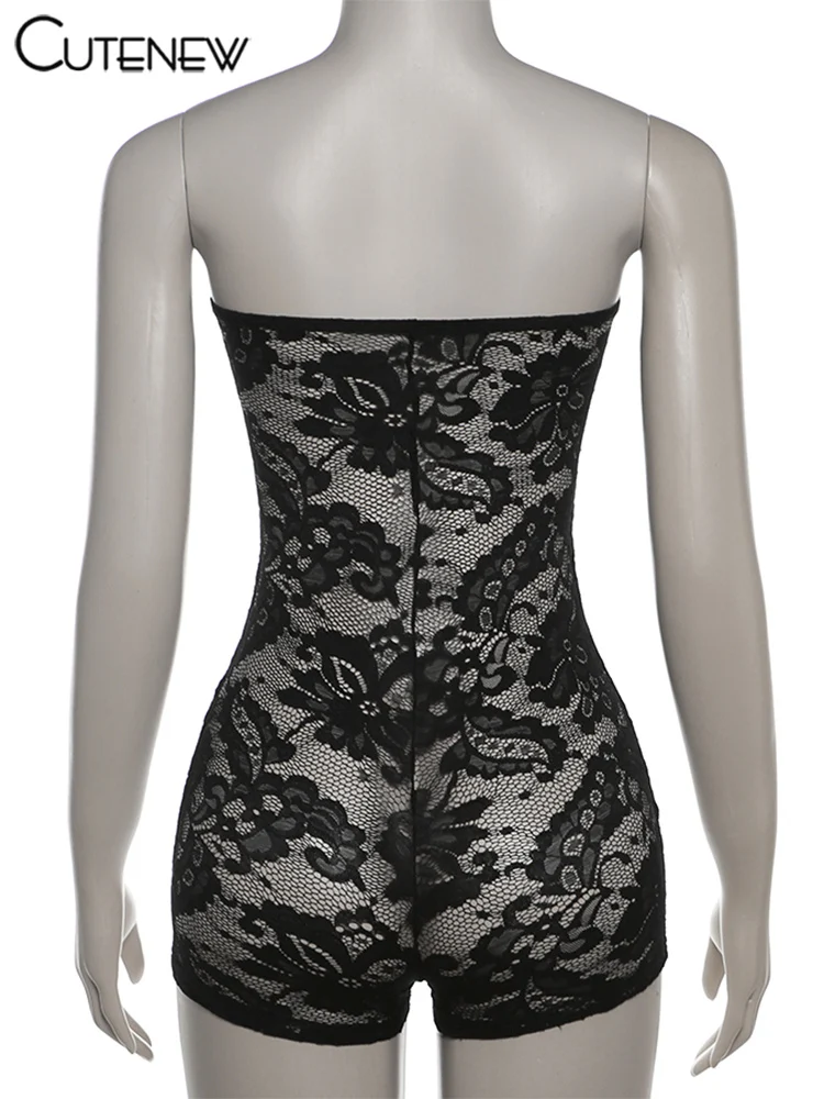 Lace Sexy Hot Playsuit Women Solid Sleeveless Wrapped Chest See Through Coquette Slim Fit Rompers Female Attractive Wear